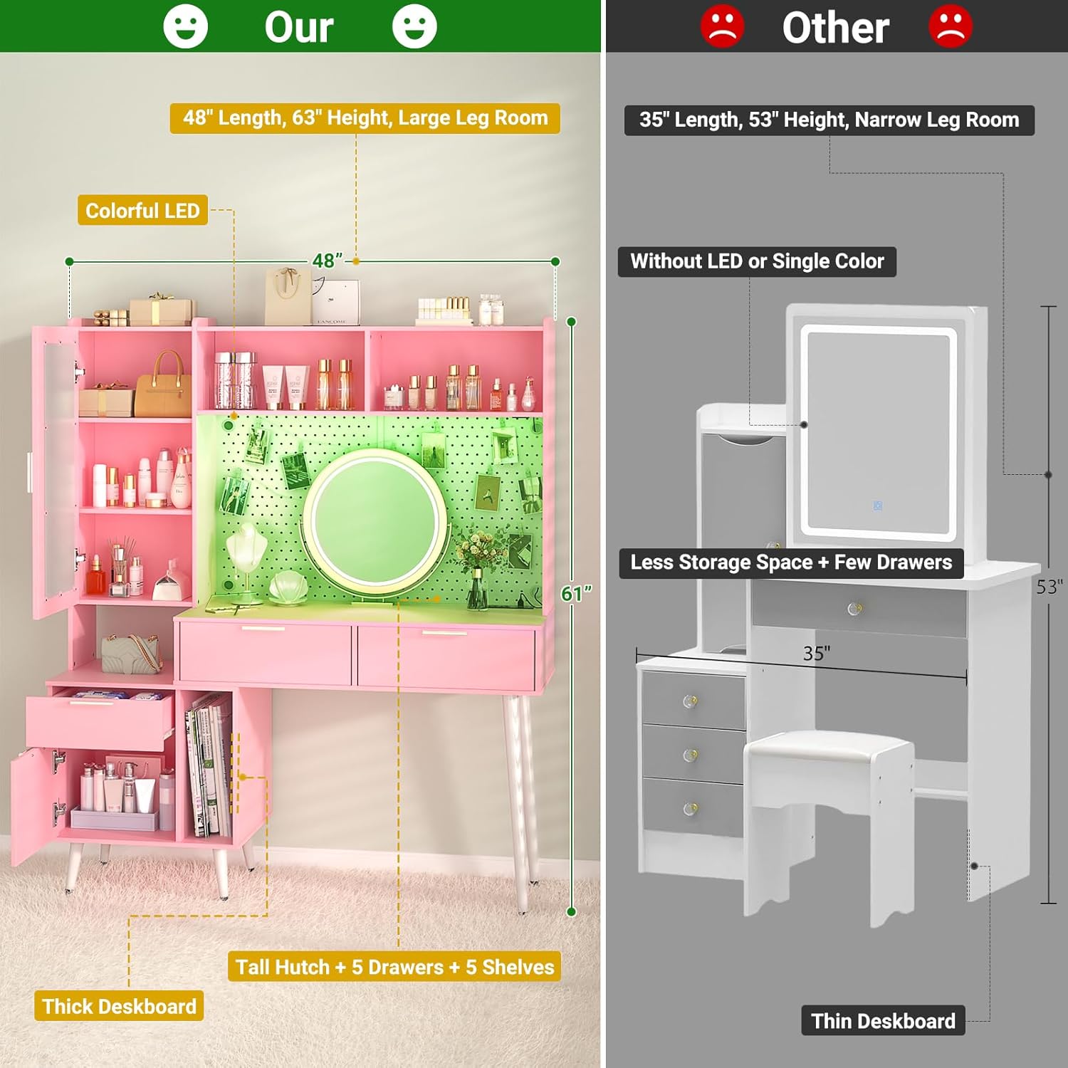 Vanity Desk with Mirror, LED Light & Charging Station, 48 Inch E133792