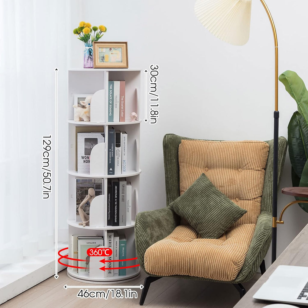4 Tier 360 Rotating Bookshelf Corner Organizer Floor Standing Bookcase Rack, White W790
