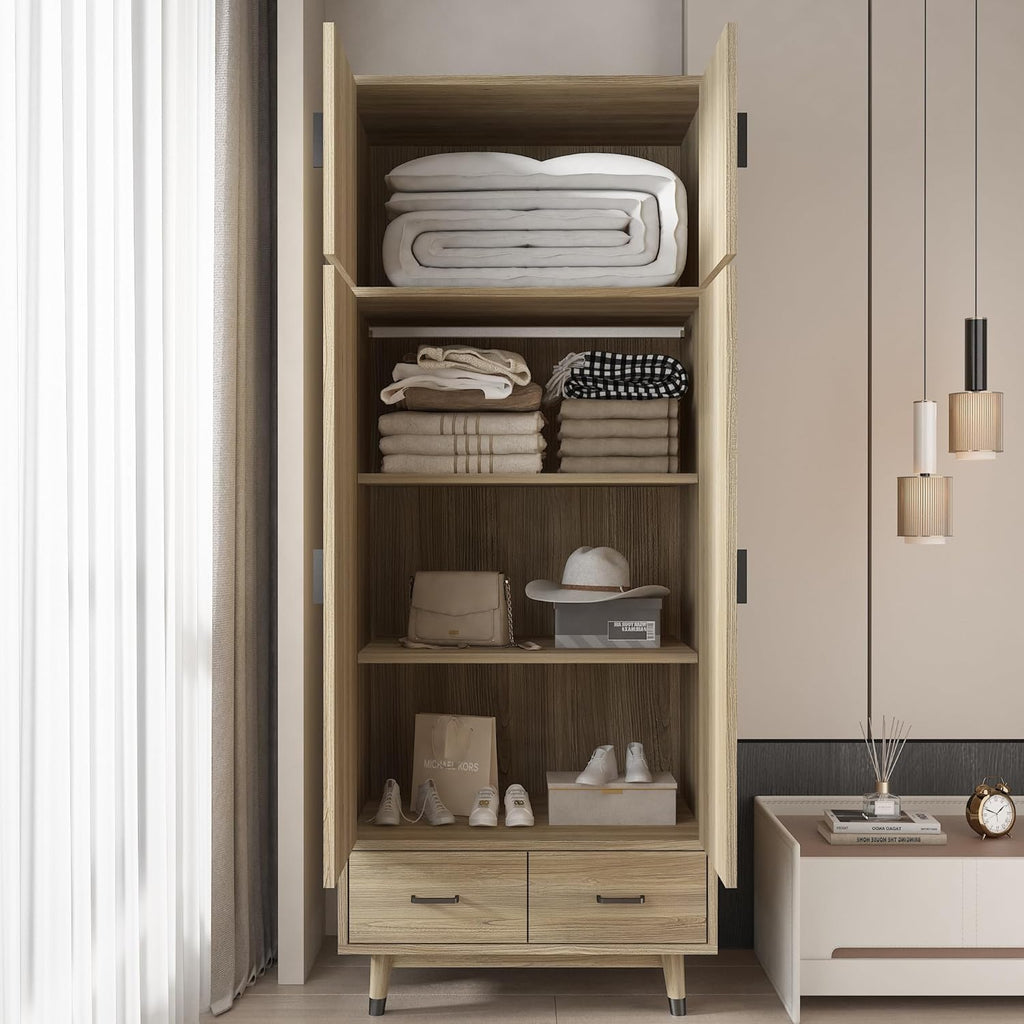 2-Door Wood Storage Cabinet with Drawers and Hanging Rod R41287