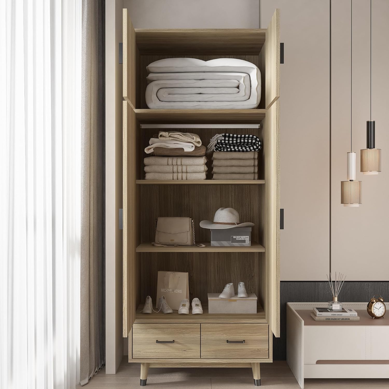 2-Door Wood Storage Cabinet with Drawers and Hanging Rod R41287