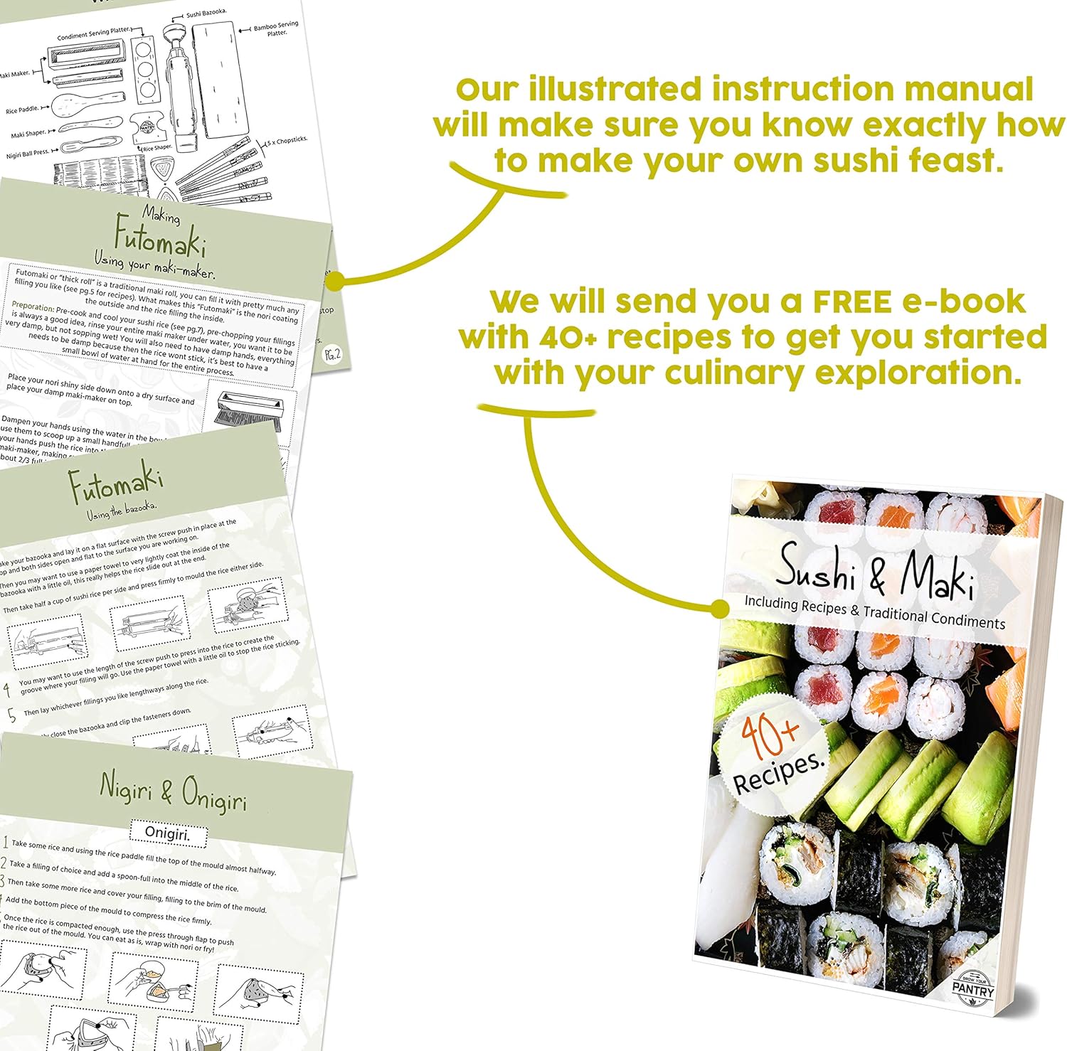 Bamboo Sushi Making Kit with Maki Maker, Sushi Mat, Onigiri Mold Set, and Chopsticks Z5306