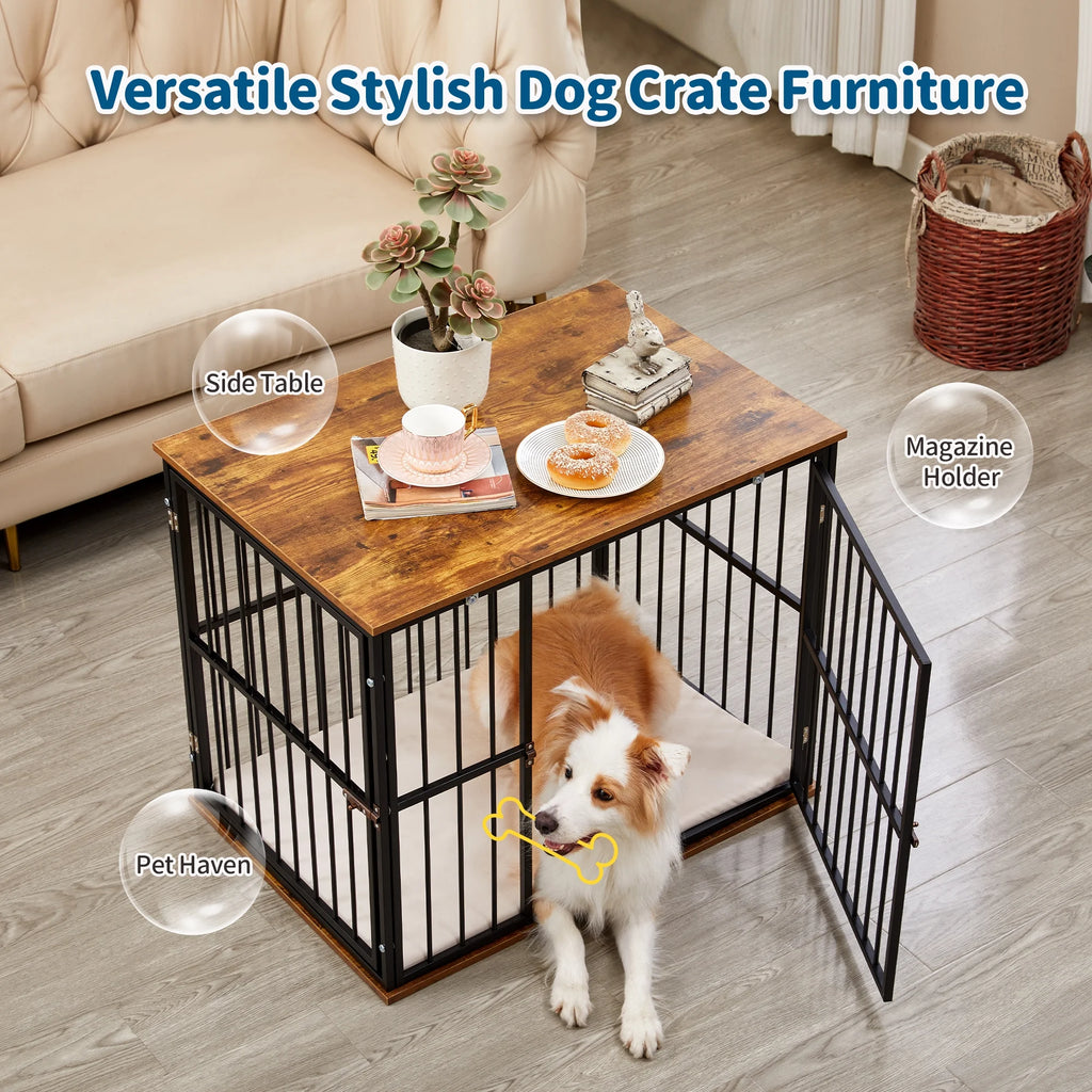 Medium Wooden Dog Crate Furniture with Washable Cushion J5452