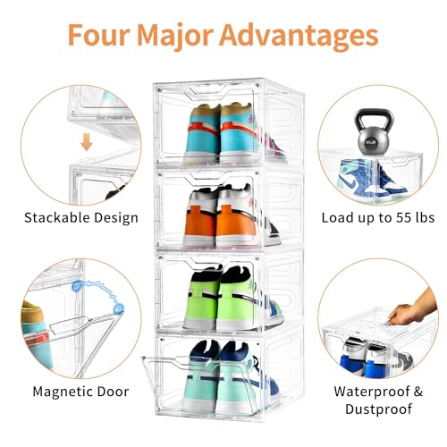 Clear Shoe Storage Organizer with Magnetic Door, Stackable Plastic Boxes X45829