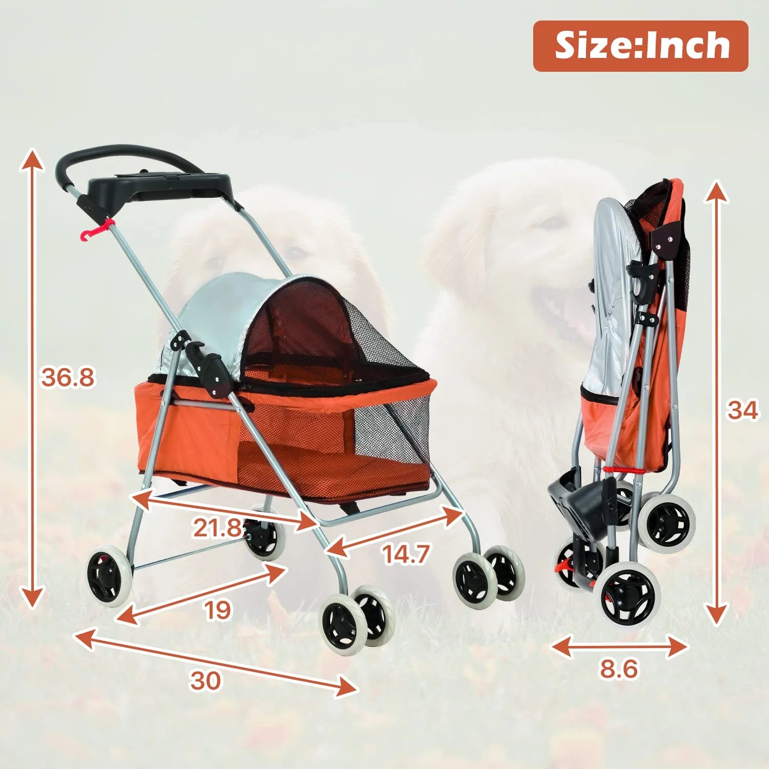 Folding Dog Stroller with 4 Wheels, Orange D5264