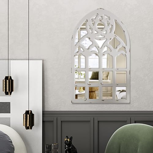 Arched Window Mirror, Wood Framed Wall Decor, White F3286