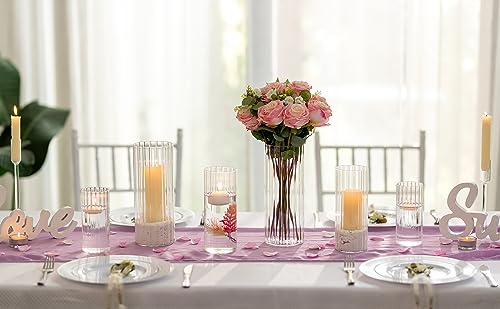 Ribbed Hurricane Candle Holders - Set of 6 Cylinder Glass for Pillar Candles E48189