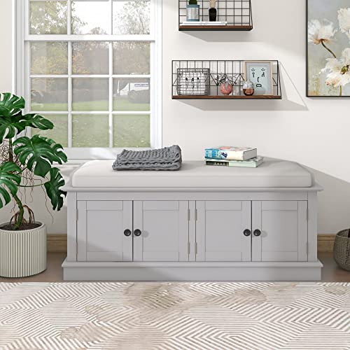 Storage Bench, Entryway Bench with 4 Doors and Adjustable Shelves, Shoe Bench Shoe Cabinet Storage Ottoman with Removable Seat Cushion for Living Room Entryway Hallway (Antique Navy)