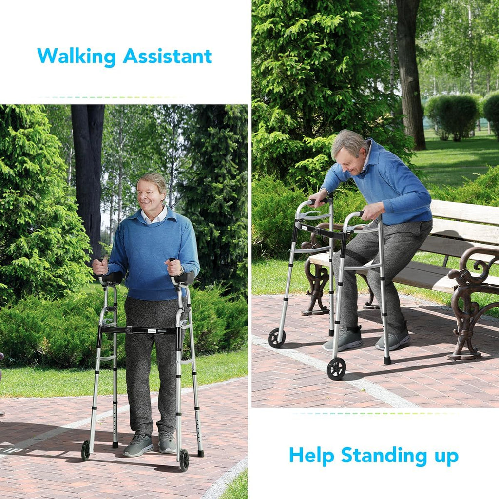 Folding Walker with 5-Inch Wheels and Padded Armrests for Seniors V43358