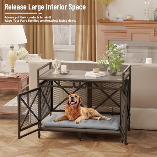 Large Dog Crate Furniture 48 Inch Wooden Kennel Indoor with Wheels O6035