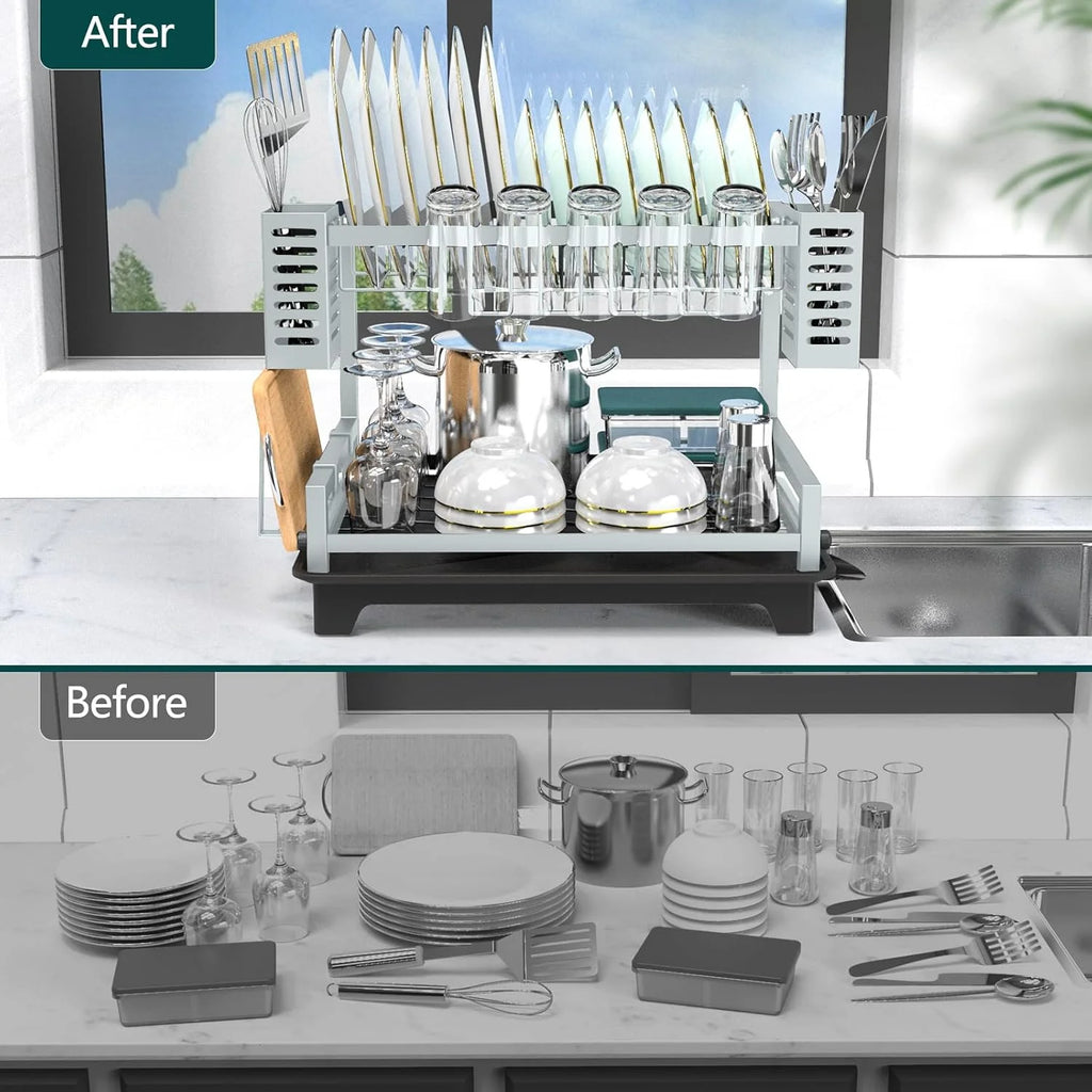 2 Tier Dish Drying Rack with Drainboard for Kitchen Counter O8606