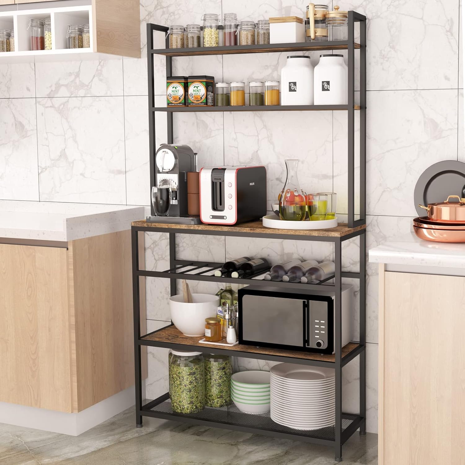 Industrial Kitchen Baker's Rack with Microwave Stand and Storage Shelf X194877