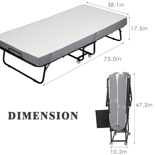 Folding Bed with Mattress, Portable Rollaway Bed for Adults, Sturdy Metal Frame with Wheels H137009