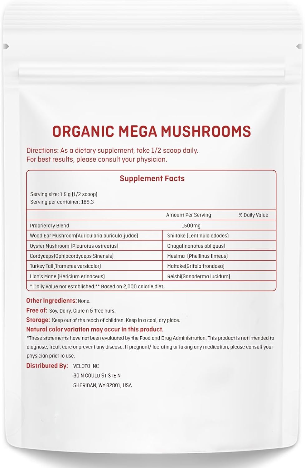 Organic Mushroom Powder Blend Supplement, 10 in 1 Complex, Vegan, 10oz S44880