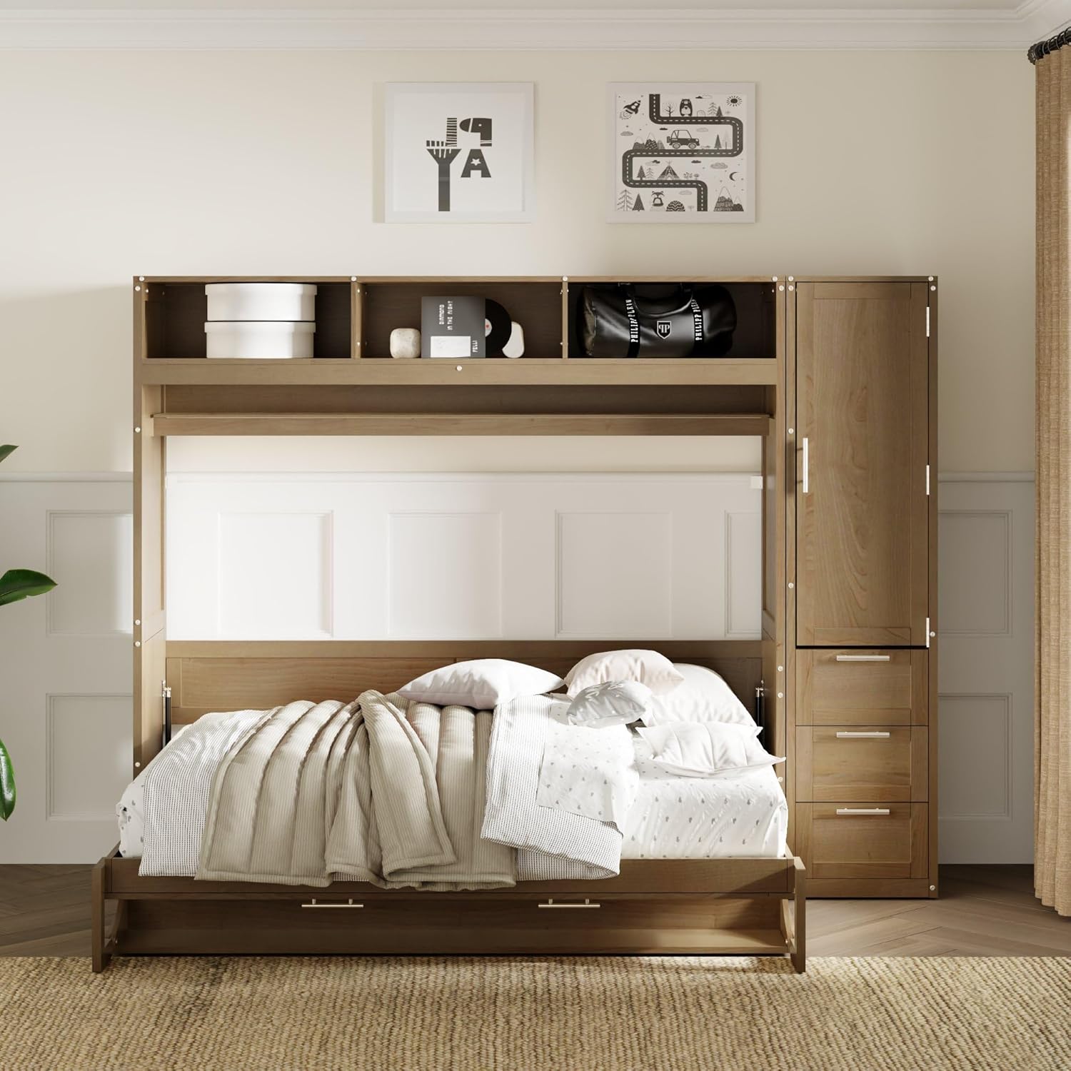 Full Size Murphy Bed Frame with Wardrobe, 3 Drawers and Shelves P729