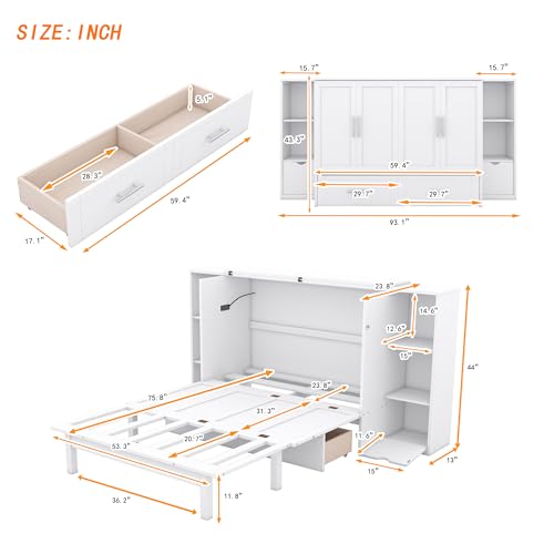 Queen Murphy Bed with Shelves and Storage Drawers, Wood Wall Bed Frame with USB Ports G70577