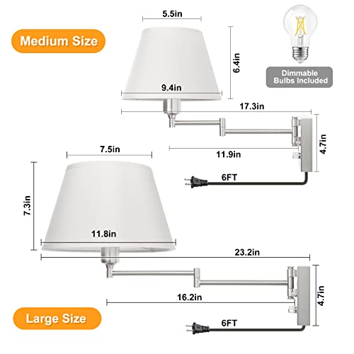 Dimmable Plug-in Wall Sconce Set of Two with Swing Arm and Beige Fabric Shade S403894