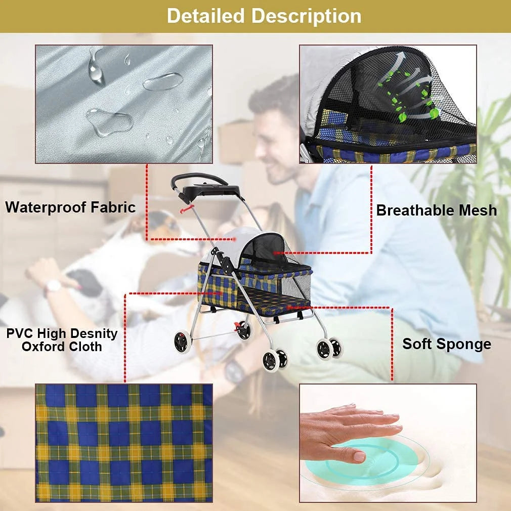 Small Dog Cat Stroller with Cup Holder, Yellow Plaid D993