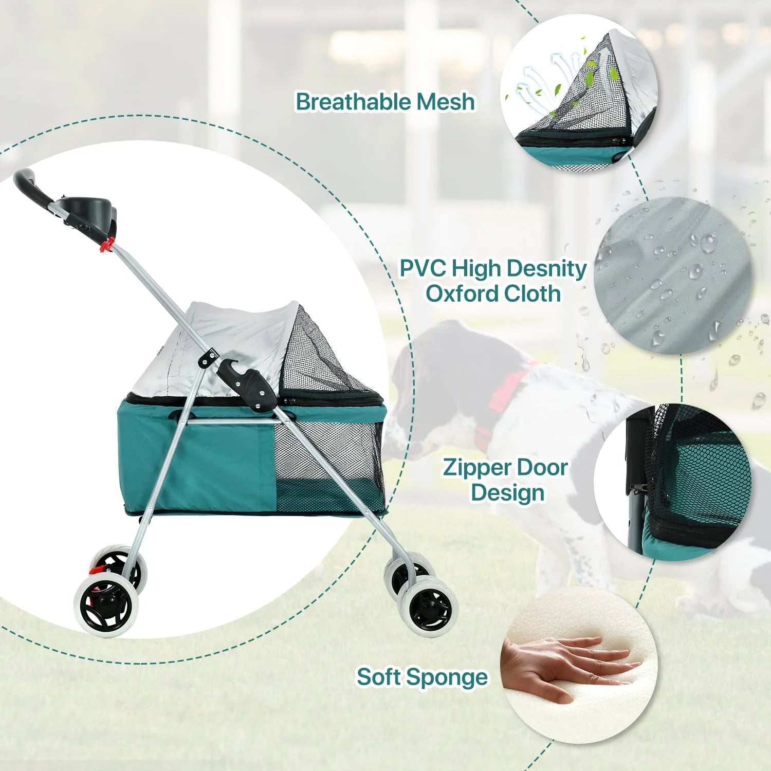 Folding 4-Wheel Dog Stroller with Cup Holders, Teal M49429