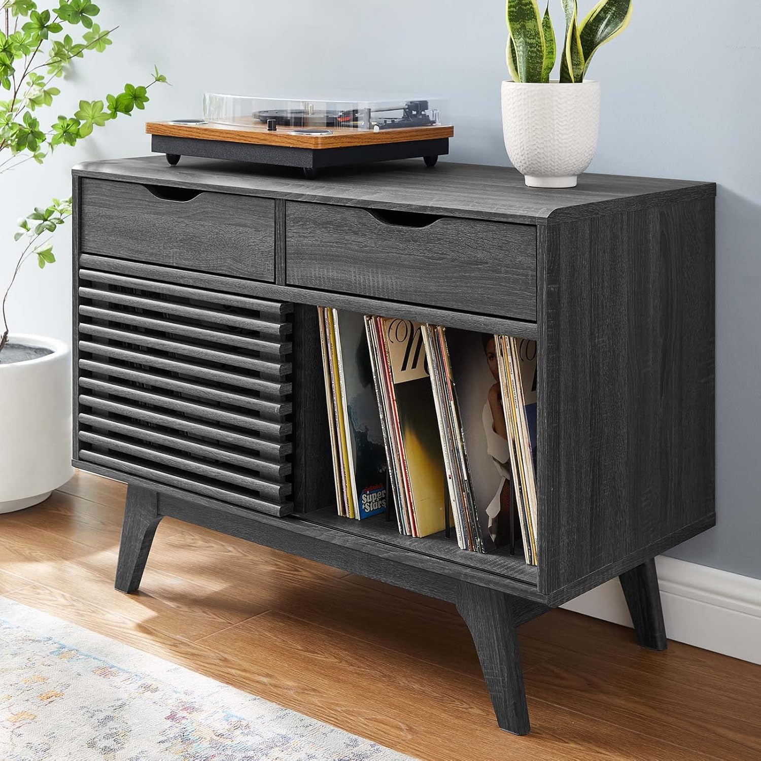 Mid-Century Modern Vinyl Record Display Stand with Drawers I427414