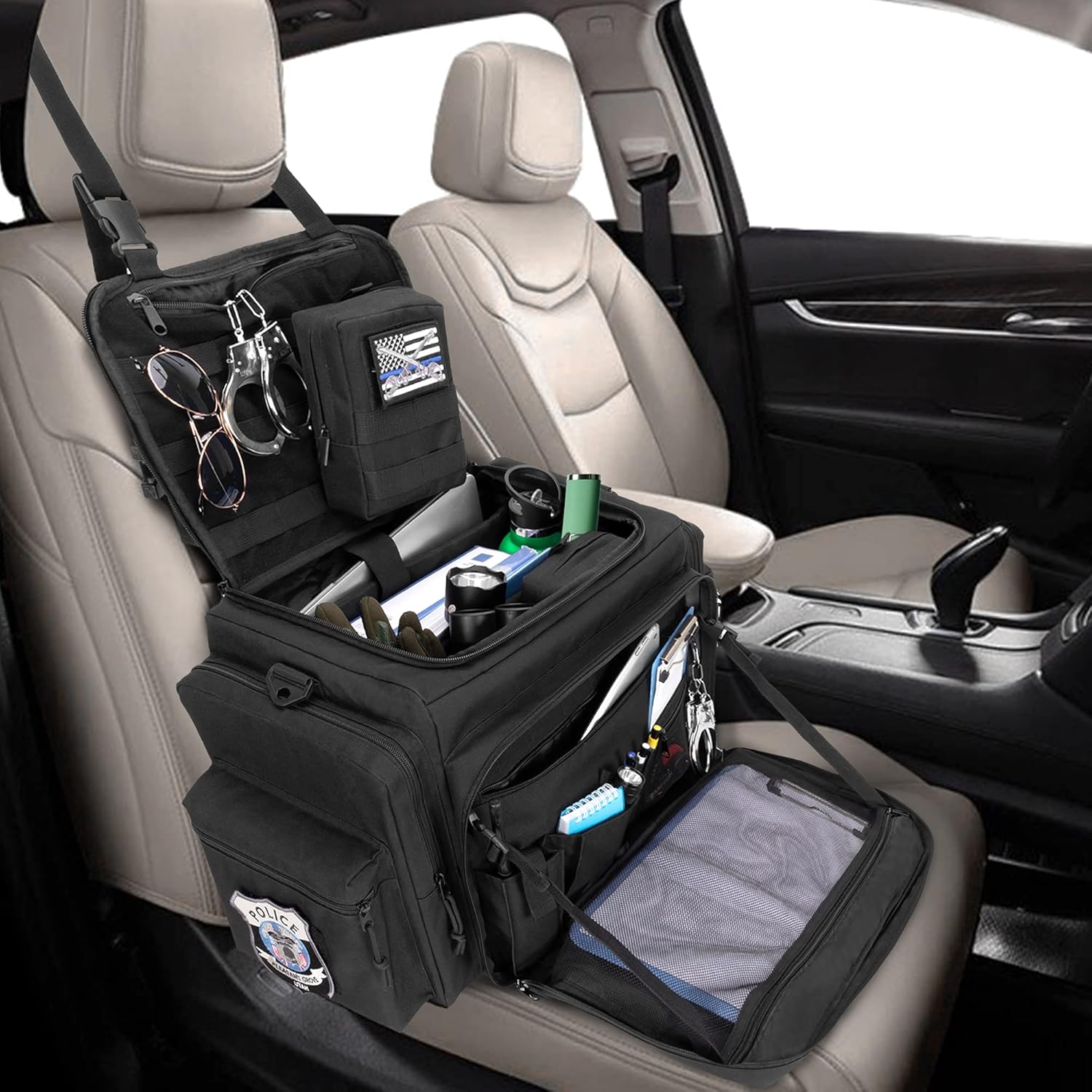 Patrol Bag for Police Gear, Car Front Seat Organizer with Laptop Layer, MOLLE Compatible, Black U998