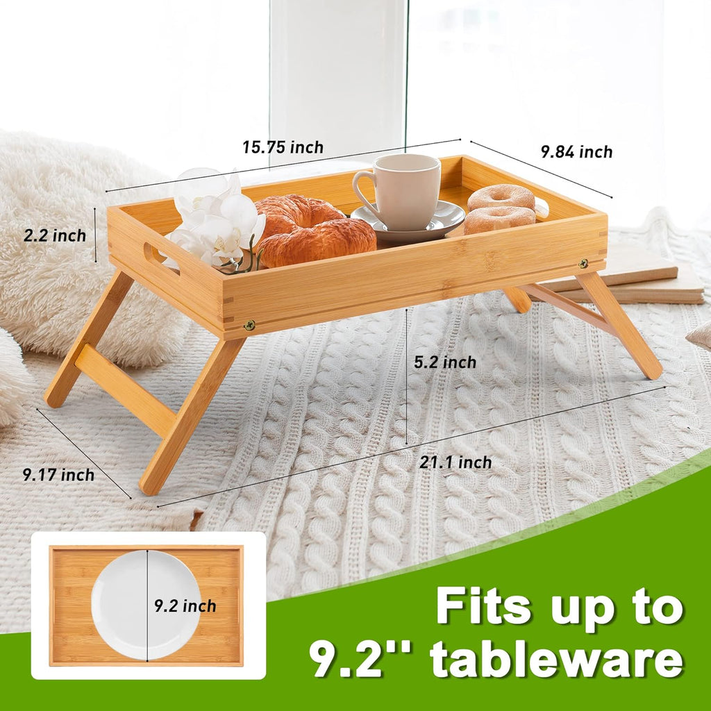 Bamboo Bed Tray Table with Folding Legs and Phone Holder W3236