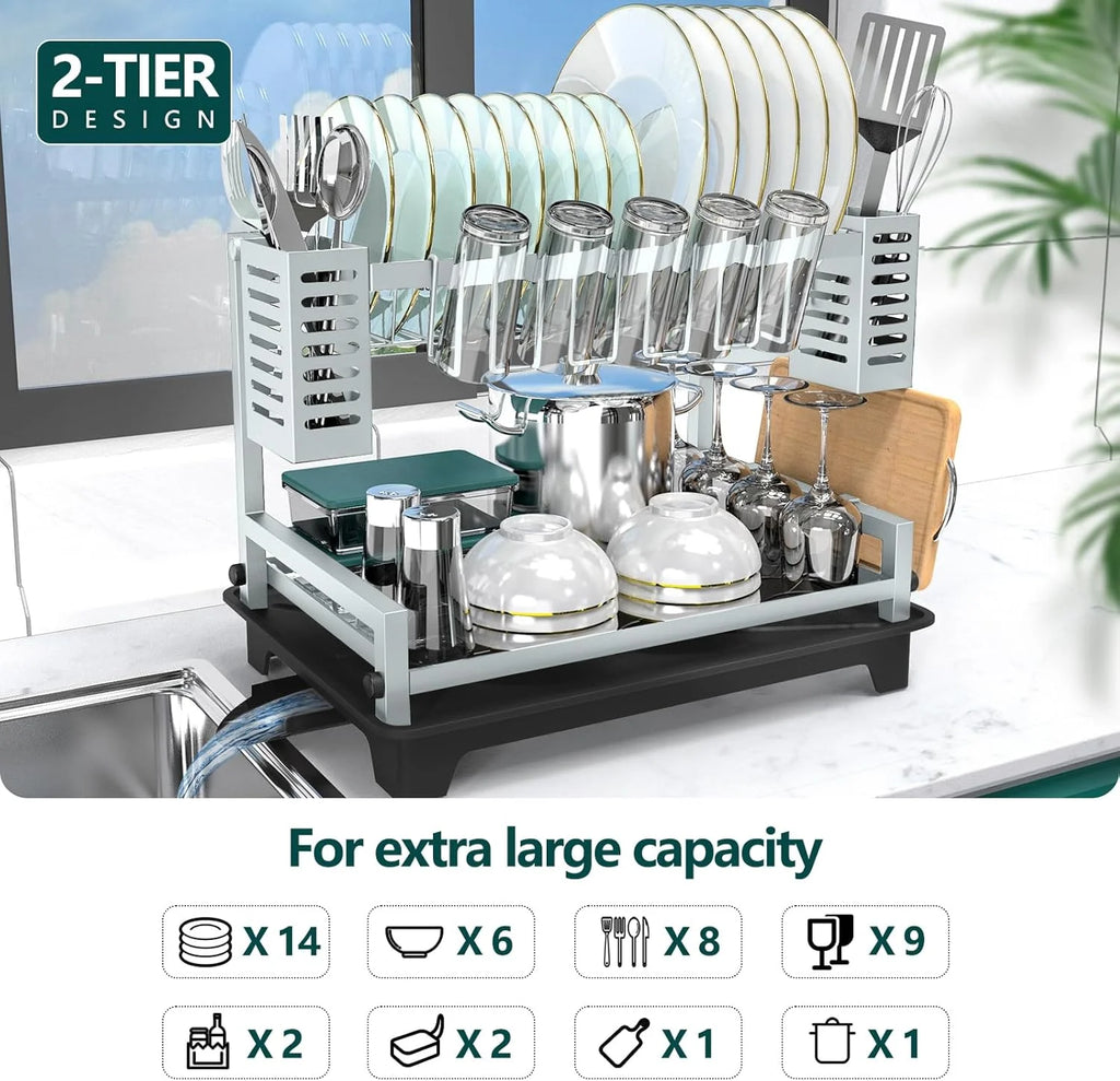 2 Tier Dish Drying Rack with Drainboard for Kitchen Counter O8606