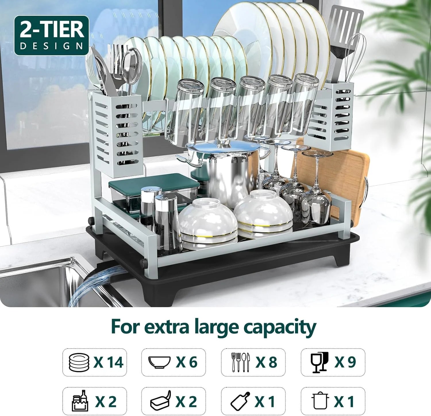 2 Tier Dish Drying Rack with Drainboard for Kitchen Counter O8606