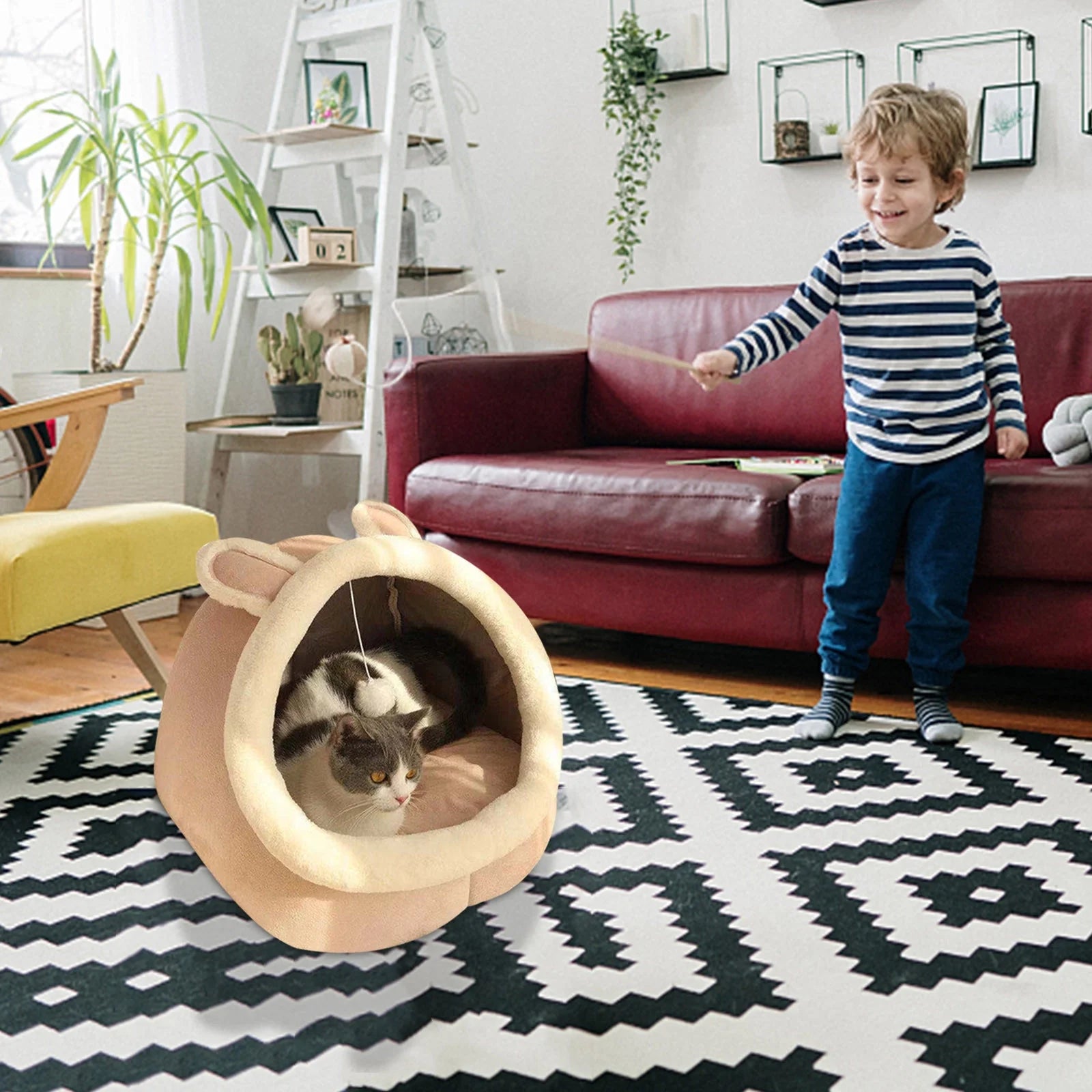 Cat Bed for Indoor Cats with Ears Cozy Cave Sleeping Cushion F94947