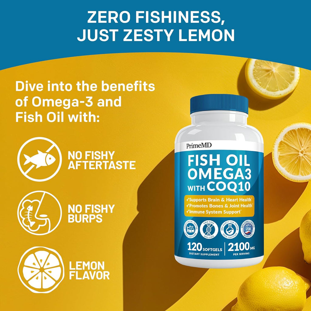 Omega 3 Fish Oil Supplements with Vitamins D3, K2 & CoQ10, Lemon Flavored, 2100mg, 120 Count A213109