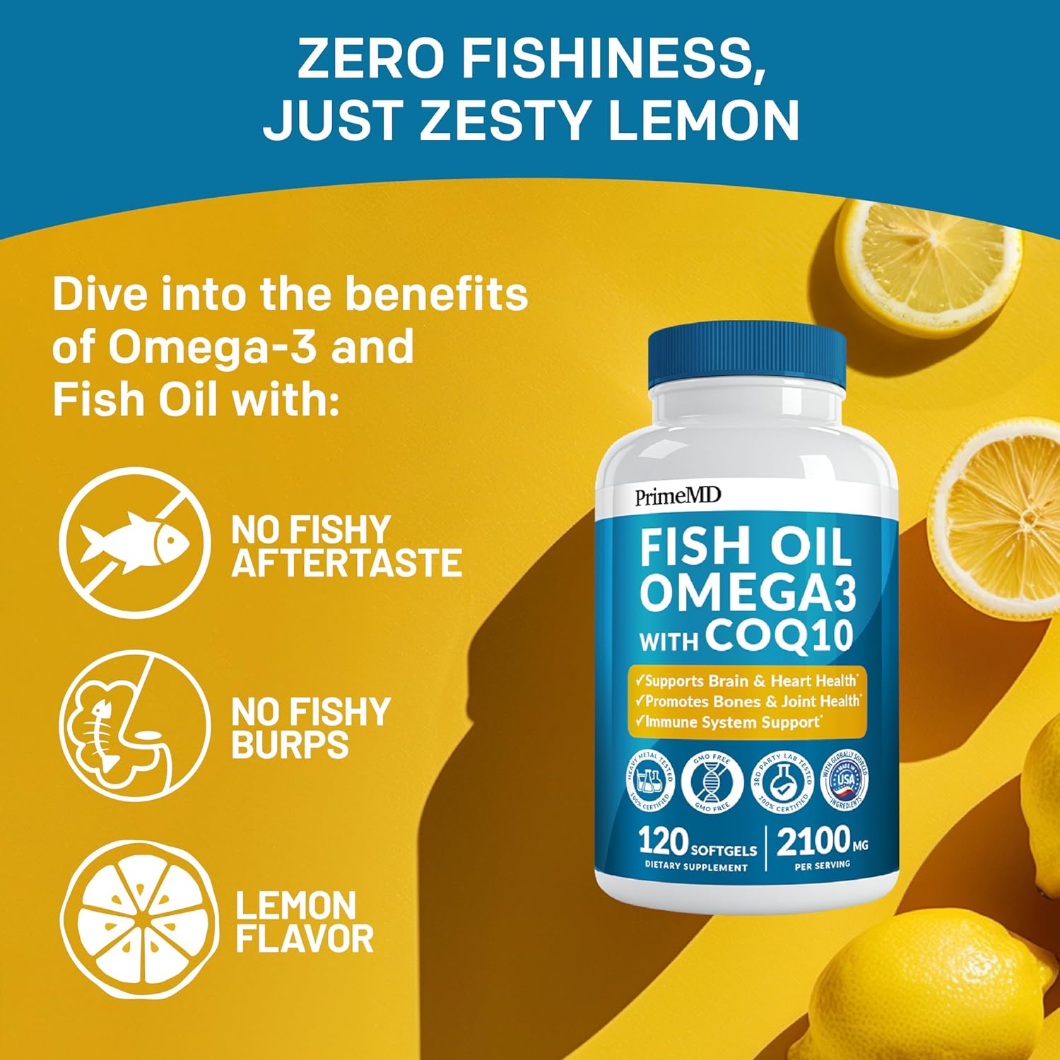 Omega 3 Fish Oil Supplements with Vitamins D3, K2 & CoQ10, Lemon Flavored, 2100mg, 120 Count A213109