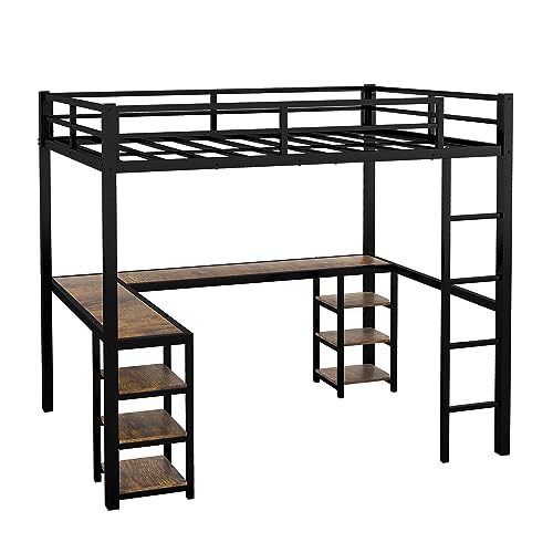 Full Size Metal Loft Bed with Desk and Storage Shelves S6260