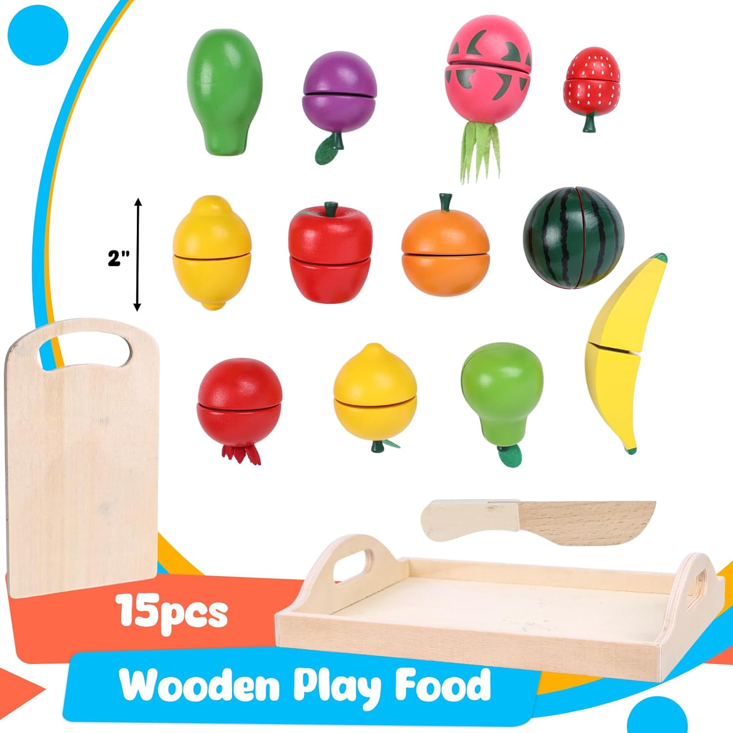 Wooden Play Food Set for Kids Kitchen with Cutting Fruits and Tray G560