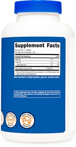 Coconut Oil Softgels 1000mg, Extra Virgin, Gluten Free U546956