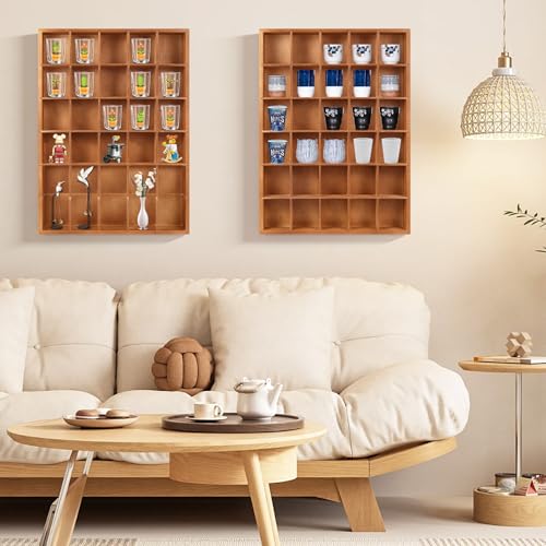 Wall-Mounted Shot Glass Display Case, Wood Holder for 30 Glasses, Black E18118