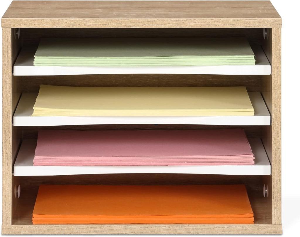2-Tier Monitor Stand with 4-Tier Desk Paper Sorter, Light Wood E739