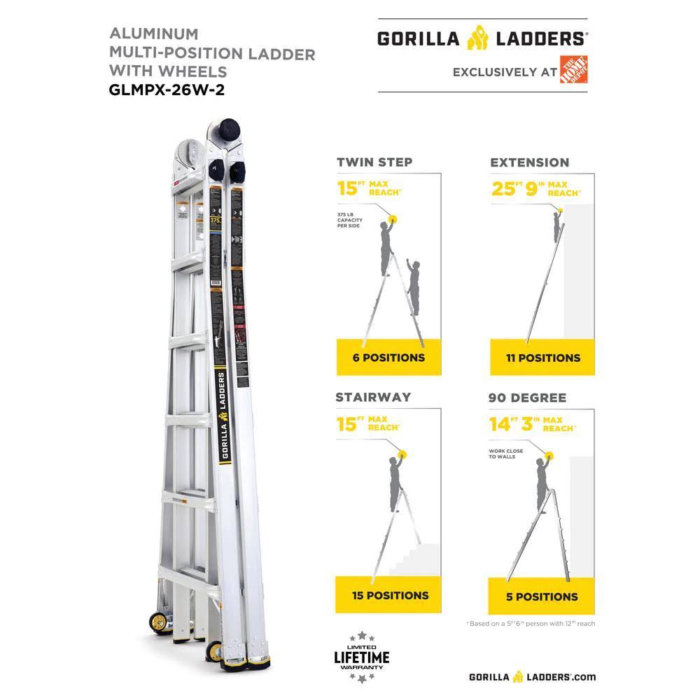 26 ft. Aluminum Multi-Position Ladder with Wheels, 375 lb. Load Capacity Z1942