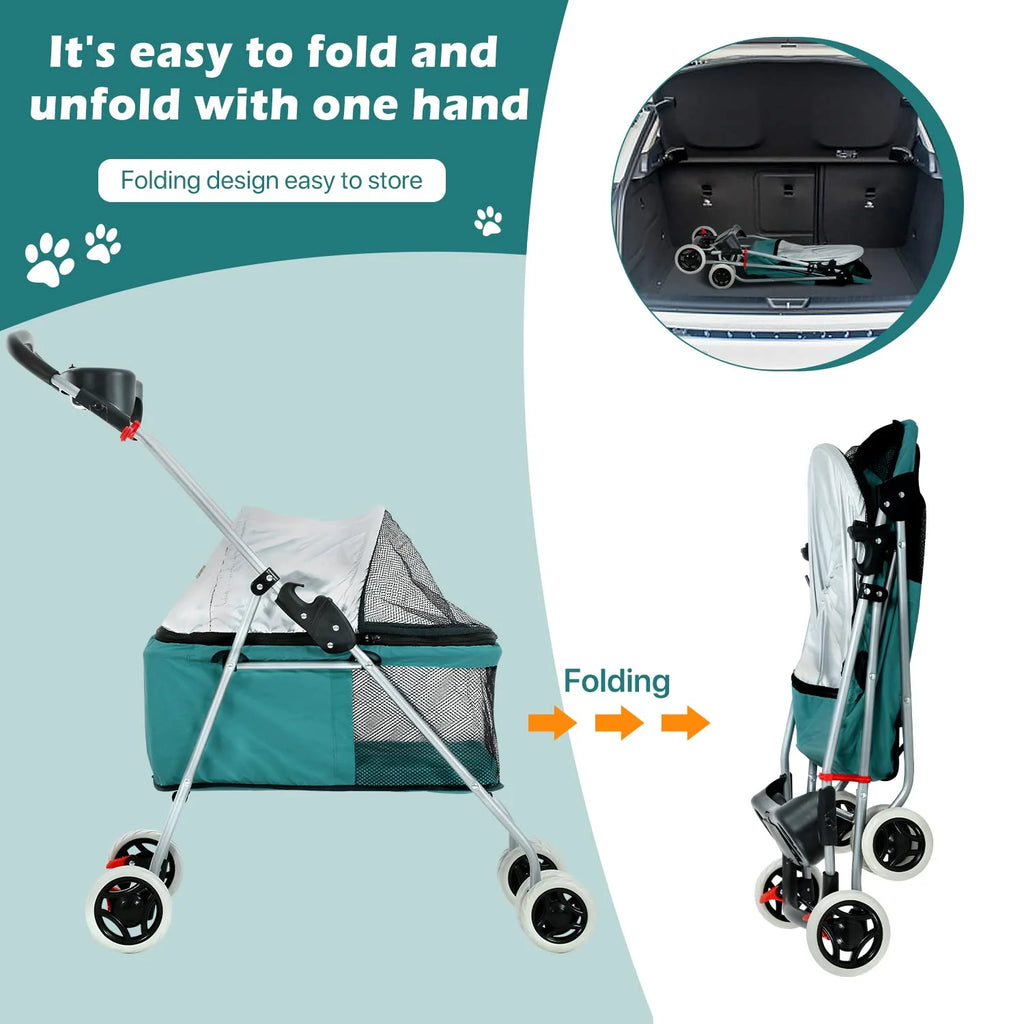 Folding 4-Wheel Dog Stroller with Cup Holders, Teal M49429