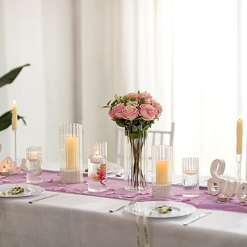 Ribbed Hurricane Candle Holders - Set of 6 Cylinder Glass for Pillar Candles E48189