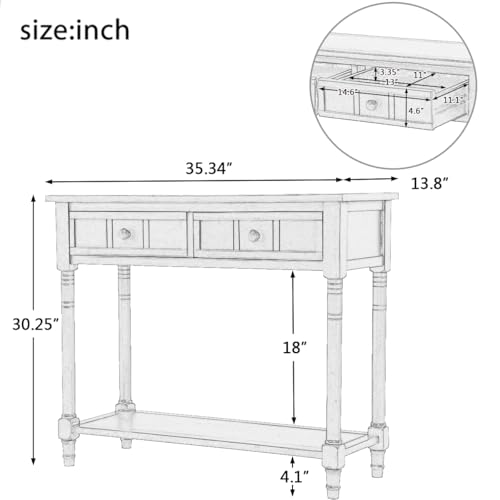 Narrow Console Table with 2 Drawers and Storage Shelf, Retro Wood Entryway Table A838