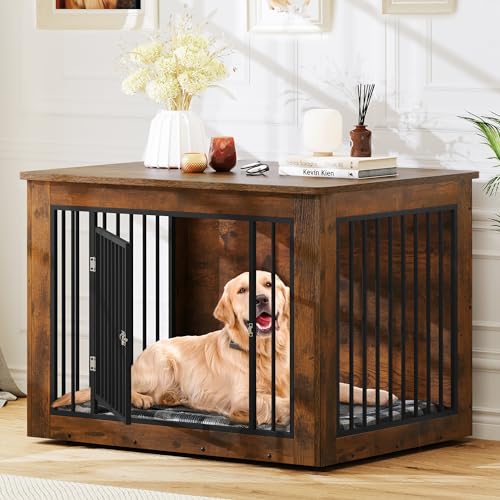 Dog Crate Furniture for Large Dogs, Side End Table, Indoor Kennel up to 60 lb, Rustic Brown W4096