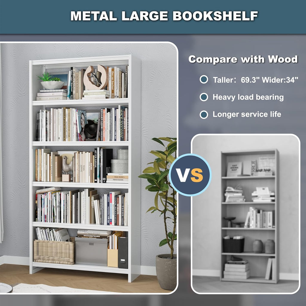 White 5-Tier Metal Bookshelf, 69" Tall Bookcase M91286