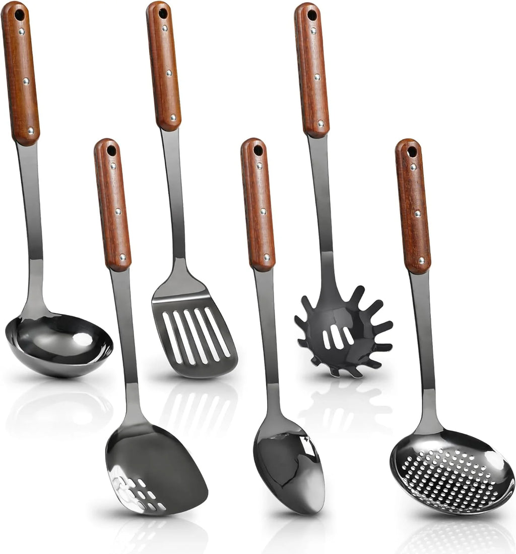 Stainless Steel Cooking Utensils Set, 6 Pieces with Wooden Handles D80852