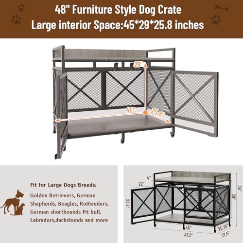 Large Dog Crate Furniture 48 Inch Wooden Kennel Indoor with Wheels O6035