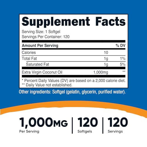 Coconut Oil Softgels 1000mg, Extra Virgin, Gluten Free U546956