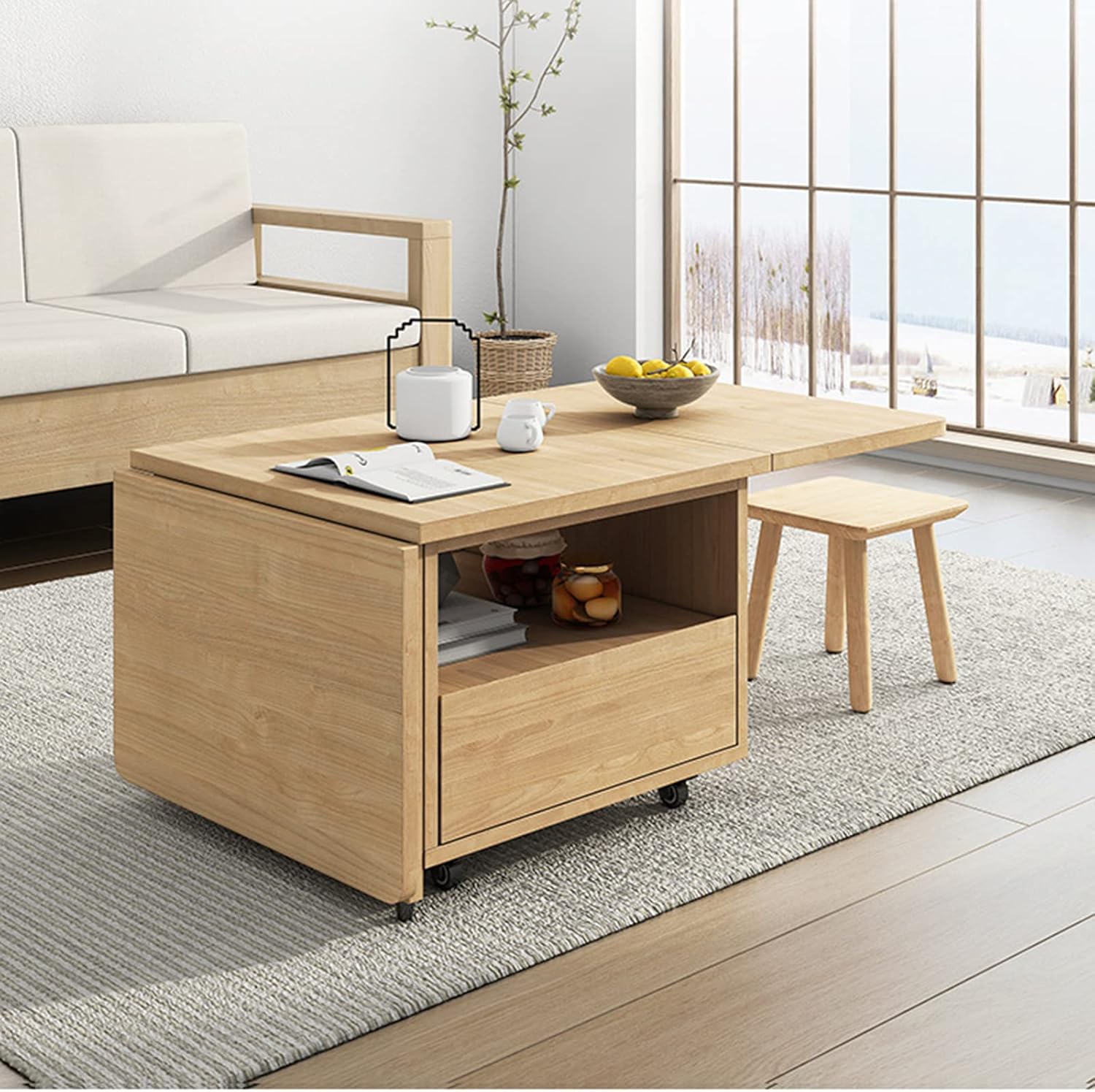 Folding Coffee Table with Rollers, Solid Wood Drop-Leaf Design Z606
