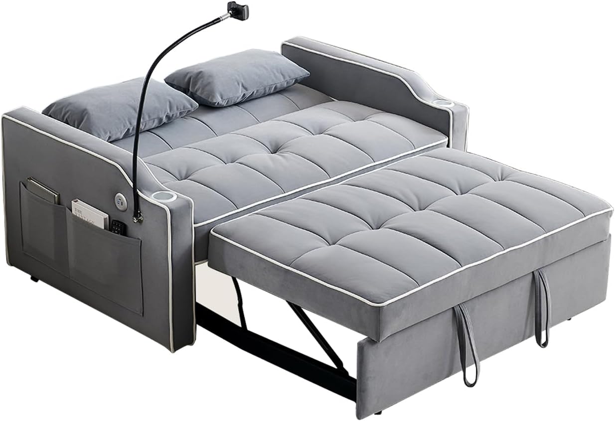 Convertible Sleeper Sofa Couch Bed with USB Port, Velvet Tufted Loveseat Futon D321