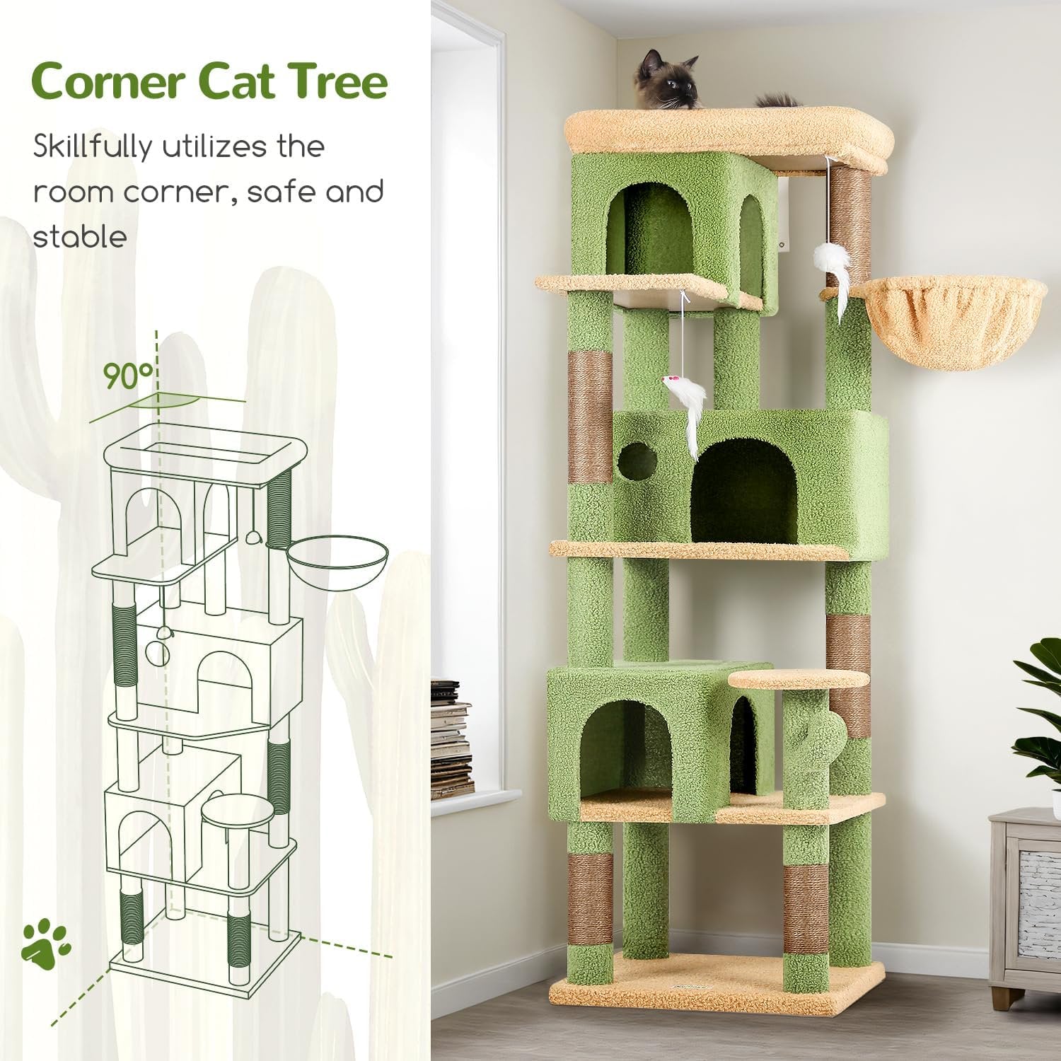 Multi-Level Cactus Climbing Tower for Indoor Cats with Large Platform and 3 Caves R347