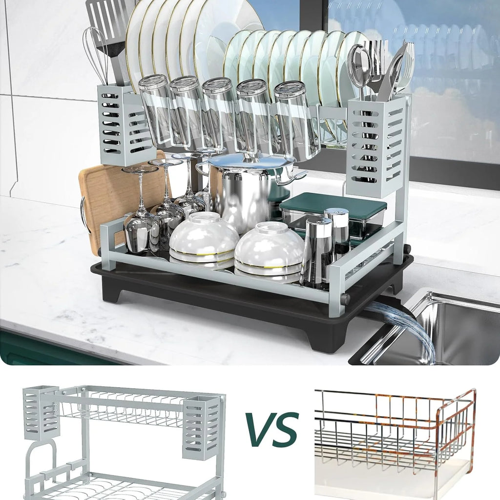 2 Tier Dish Drying Rack with Drainboard for Kitchen Counter O8606