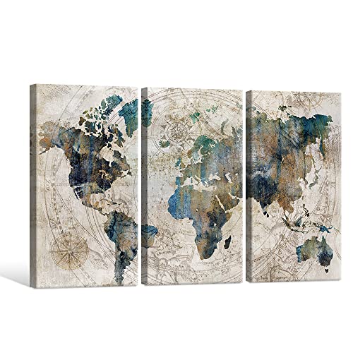 World Map Canvas Wall Art Poster Teal Blue Decor for Living Room Bedroom Office D5036