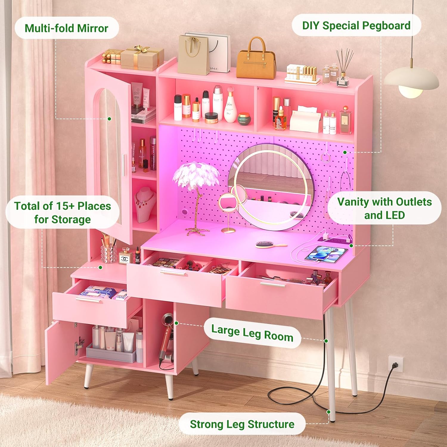 Vanity Desk with Mirror, LED Light & Charging Station, 48 Inch E133792